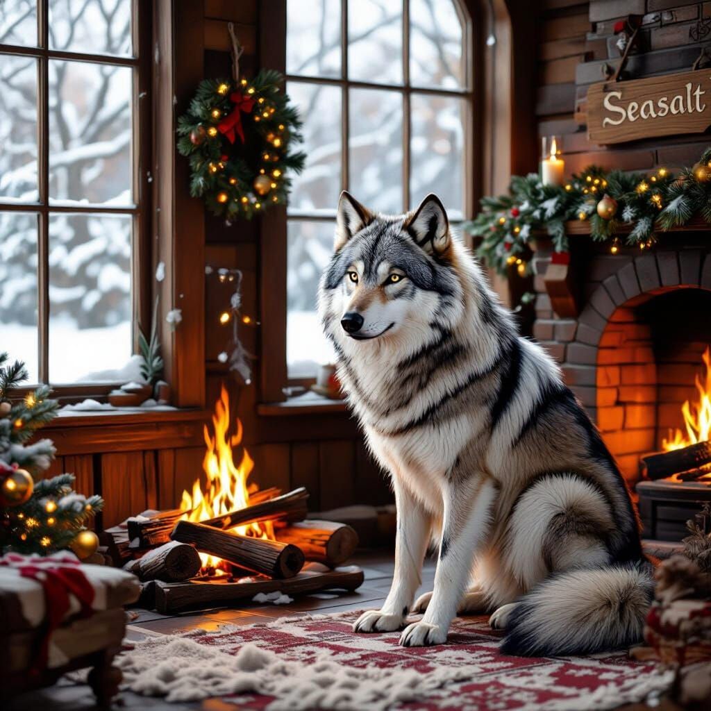 Majestic Wolf by Fireplace in Cozy Christmas Home