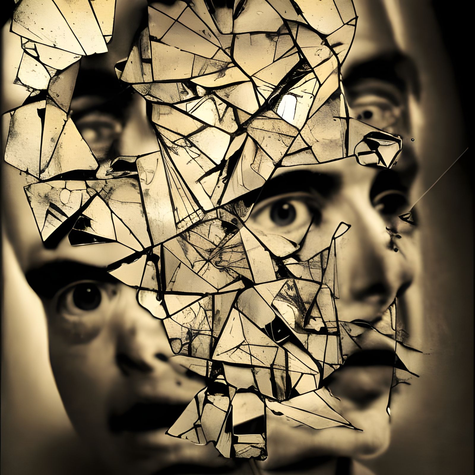 Sad Cyborg in Broken Mirror, Photojournalistic Style