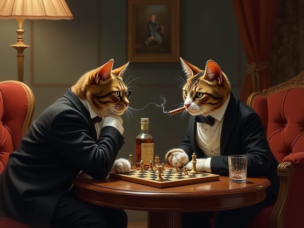 Victorian Cats Play Chess in Luxurious Room
