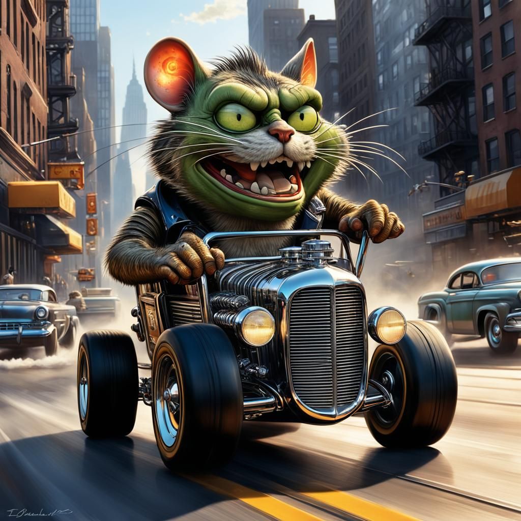 Rat Fink Cat Drives Hot Rod in Ed Roth Style