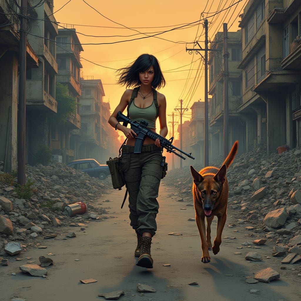Post-Apocalyptic Woman and Dog in Ruined City