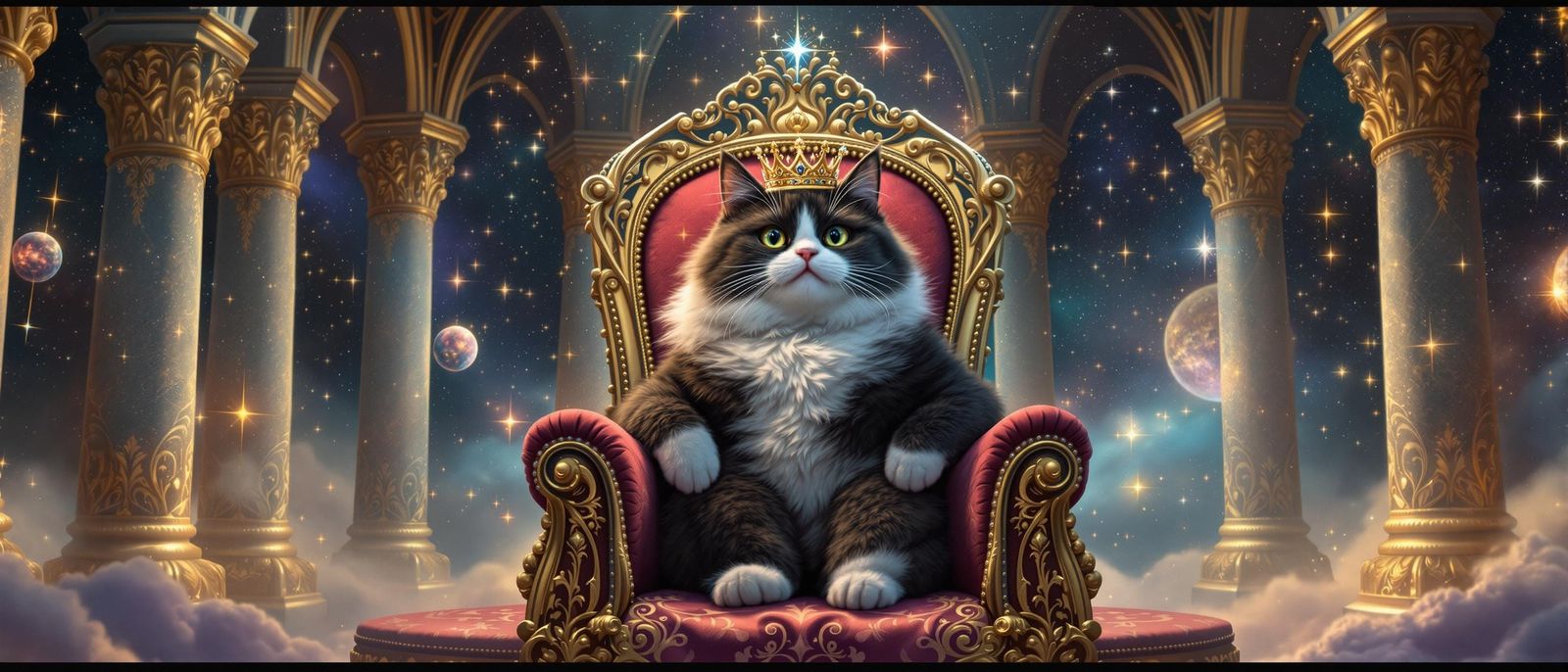 Celestial Cat King on Velvet Throne