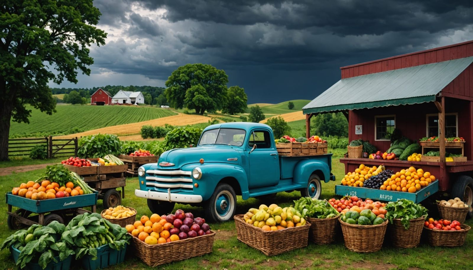 Hyperrealistic Farmstand Under Stormy Sky