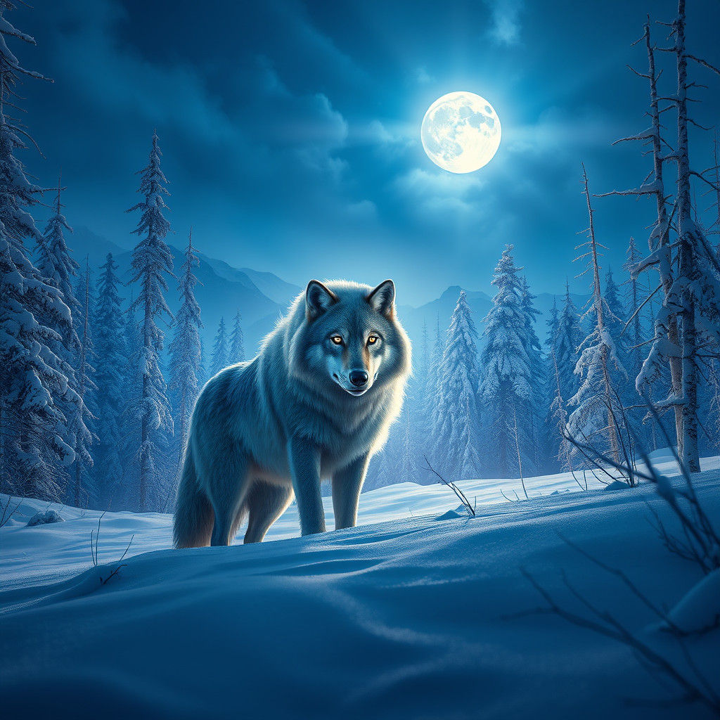 Majestic Wolf in Winter Forest at Night