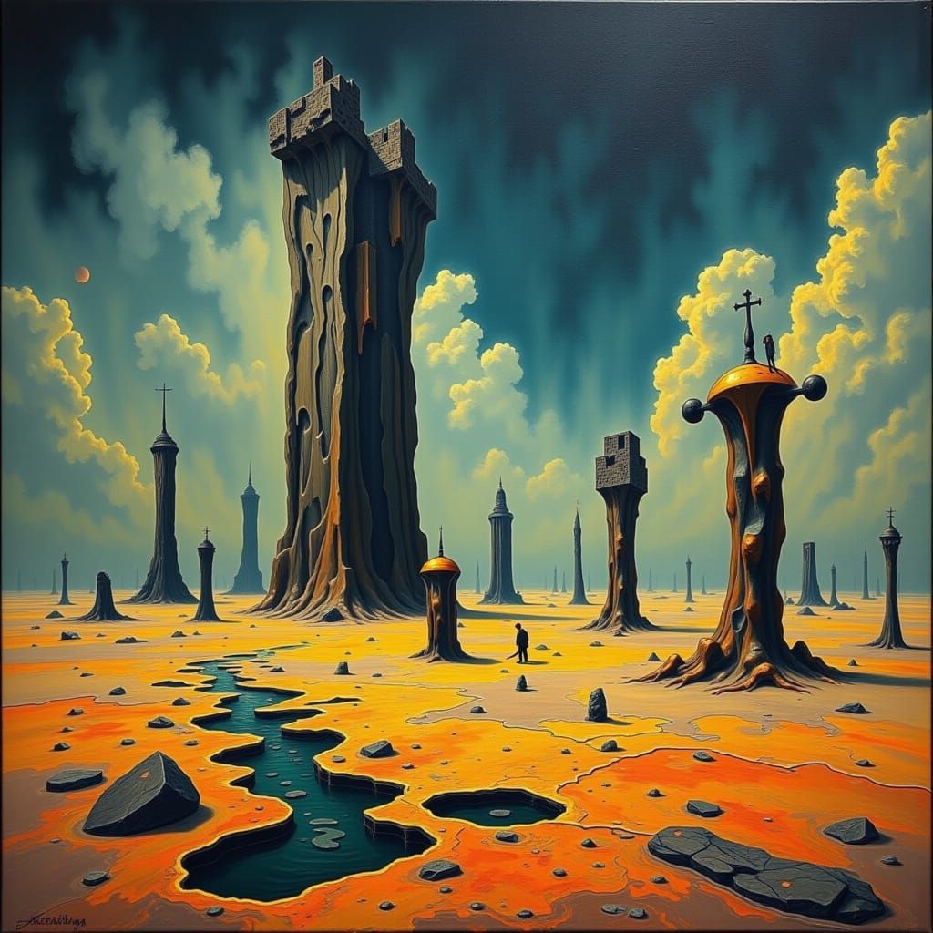 Surreal Dreamscape with Melting Structures in Oil