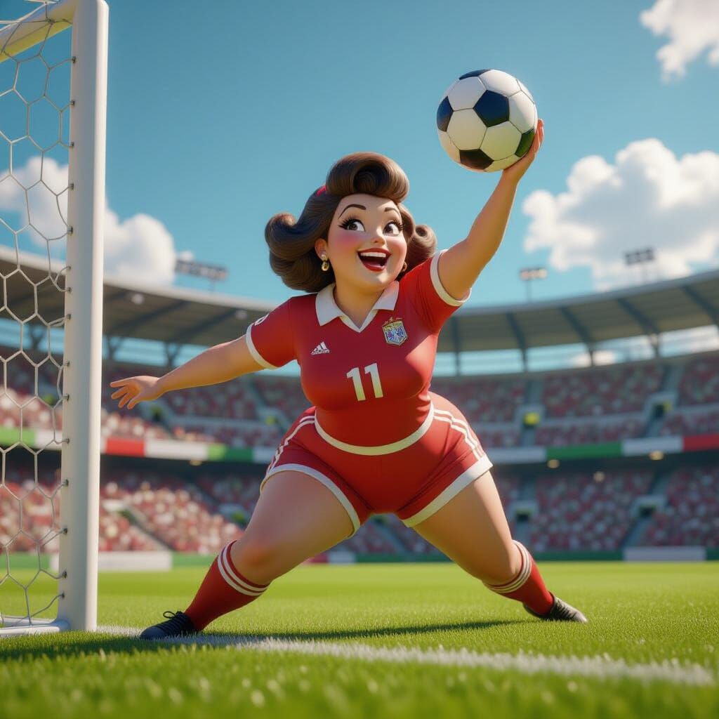 Pin-Up Woman Catches Soccer Ball in Cinematic Goal