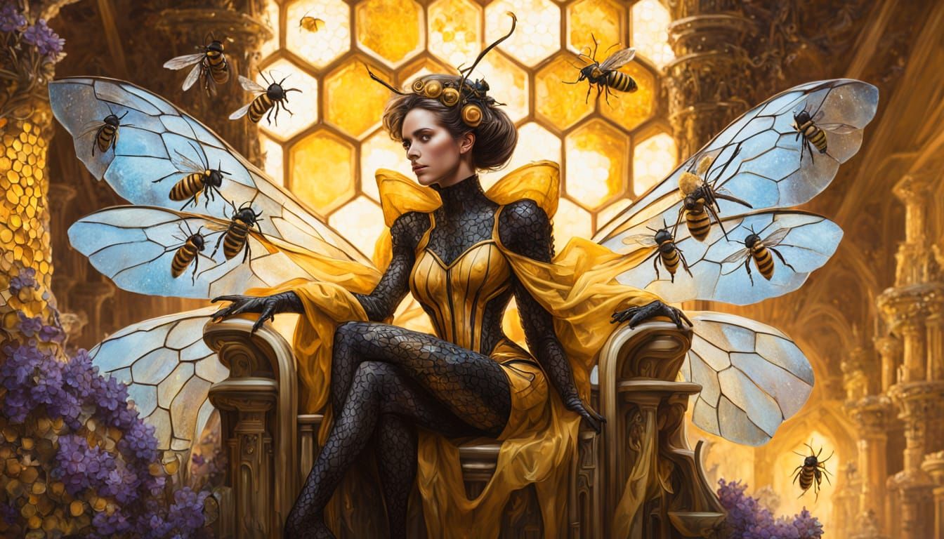 Enchanting Queen Bee Goddess in a Golden Honeycomb Throne Ro...
