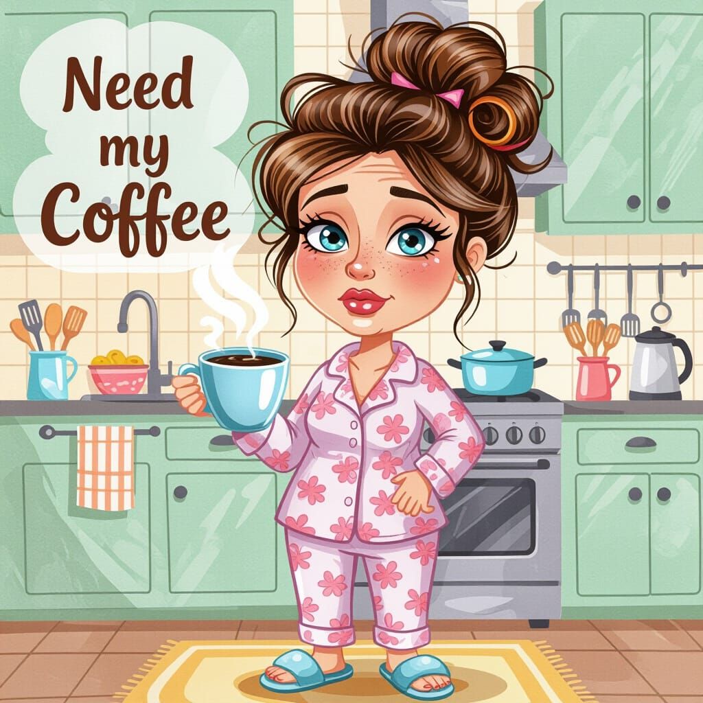 Humorous Watercolor of Sleepy Mom with Coffee