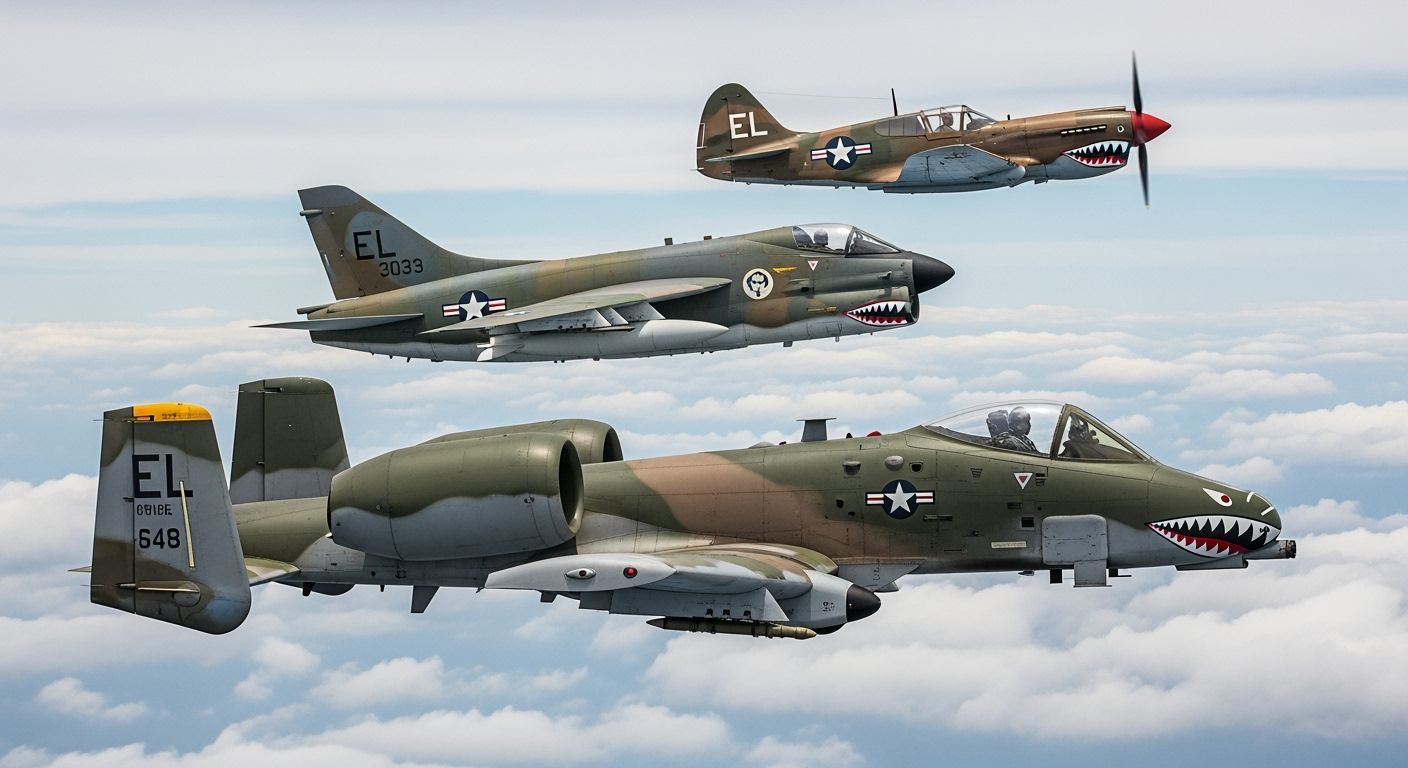 Planes in Echelon Formation with Shark Teeth Nose Art