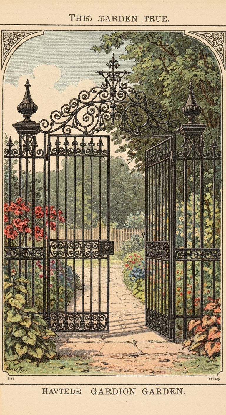 Victorian Garden Gate in Ornate Woodcut Style