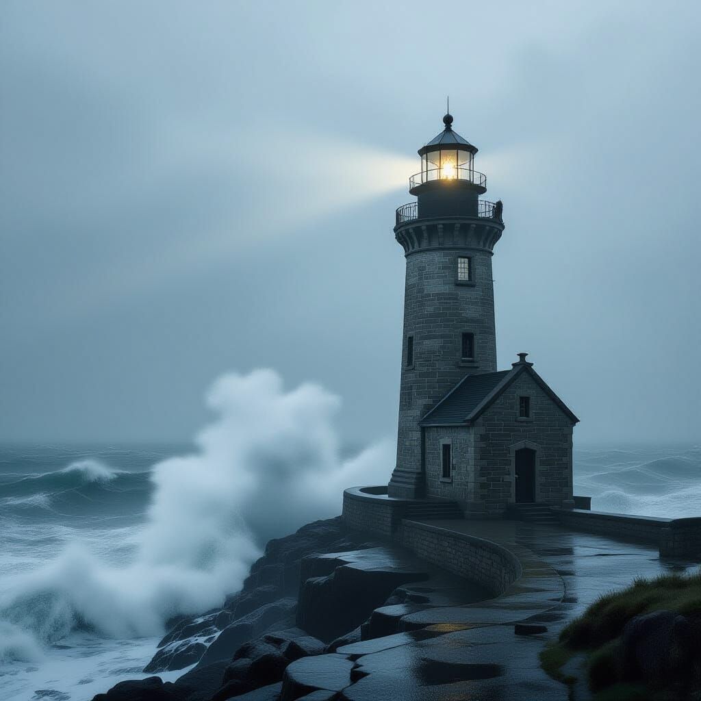 Weathered Lighthouse Against Stormy Seas in Dramatic Painter...