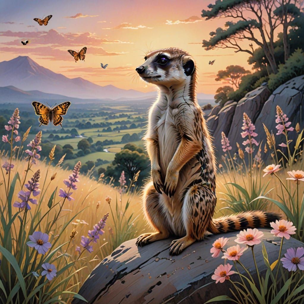 Whimsical Watercolor of a Curious Meerkat in a Golden Savann...
