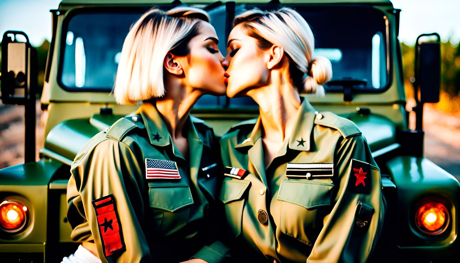 Two military girls kissing each other