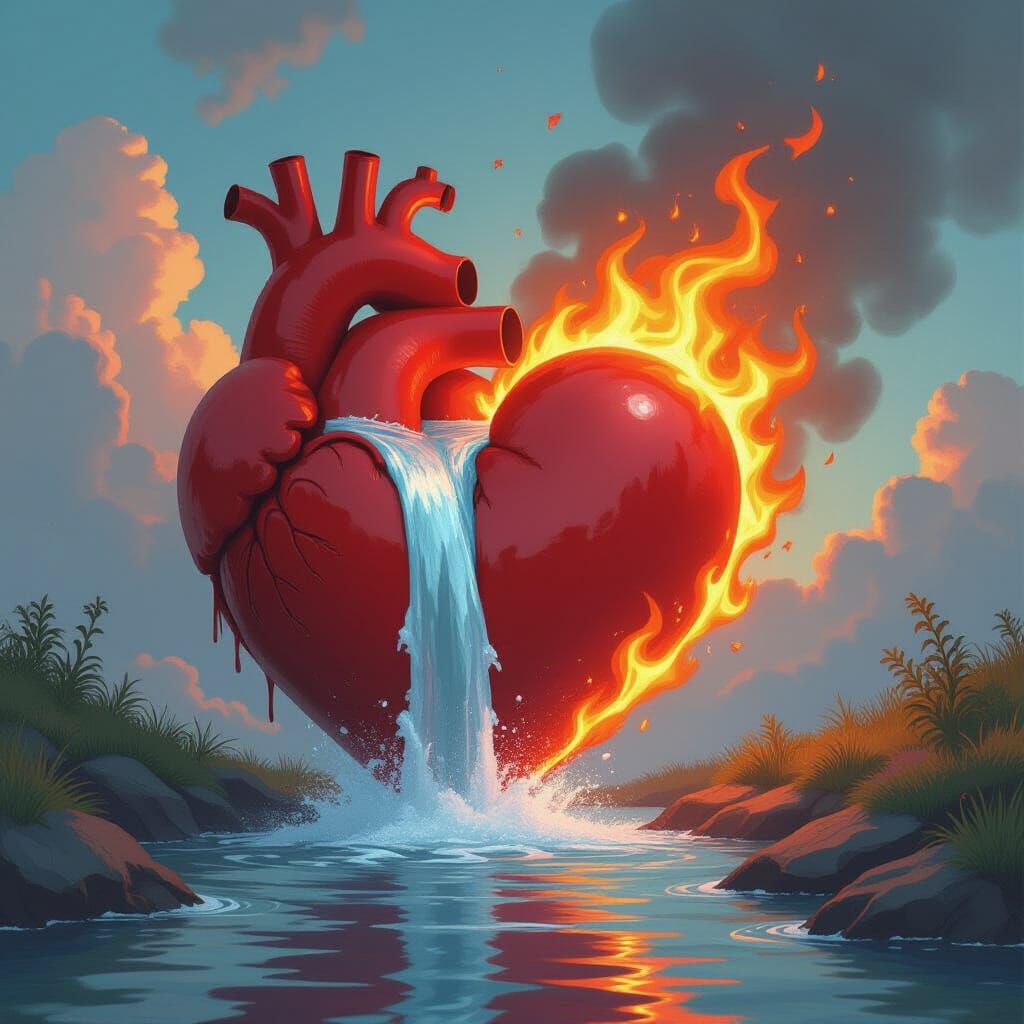 Contrasting Heart: Water and Fire Digital Art