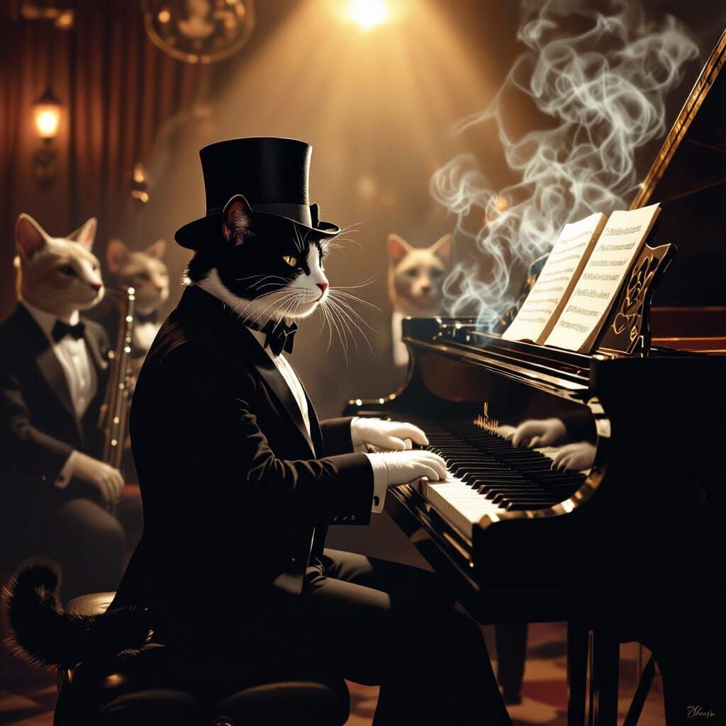 Cat in Top Hat Plays Piano, Art Deco Style