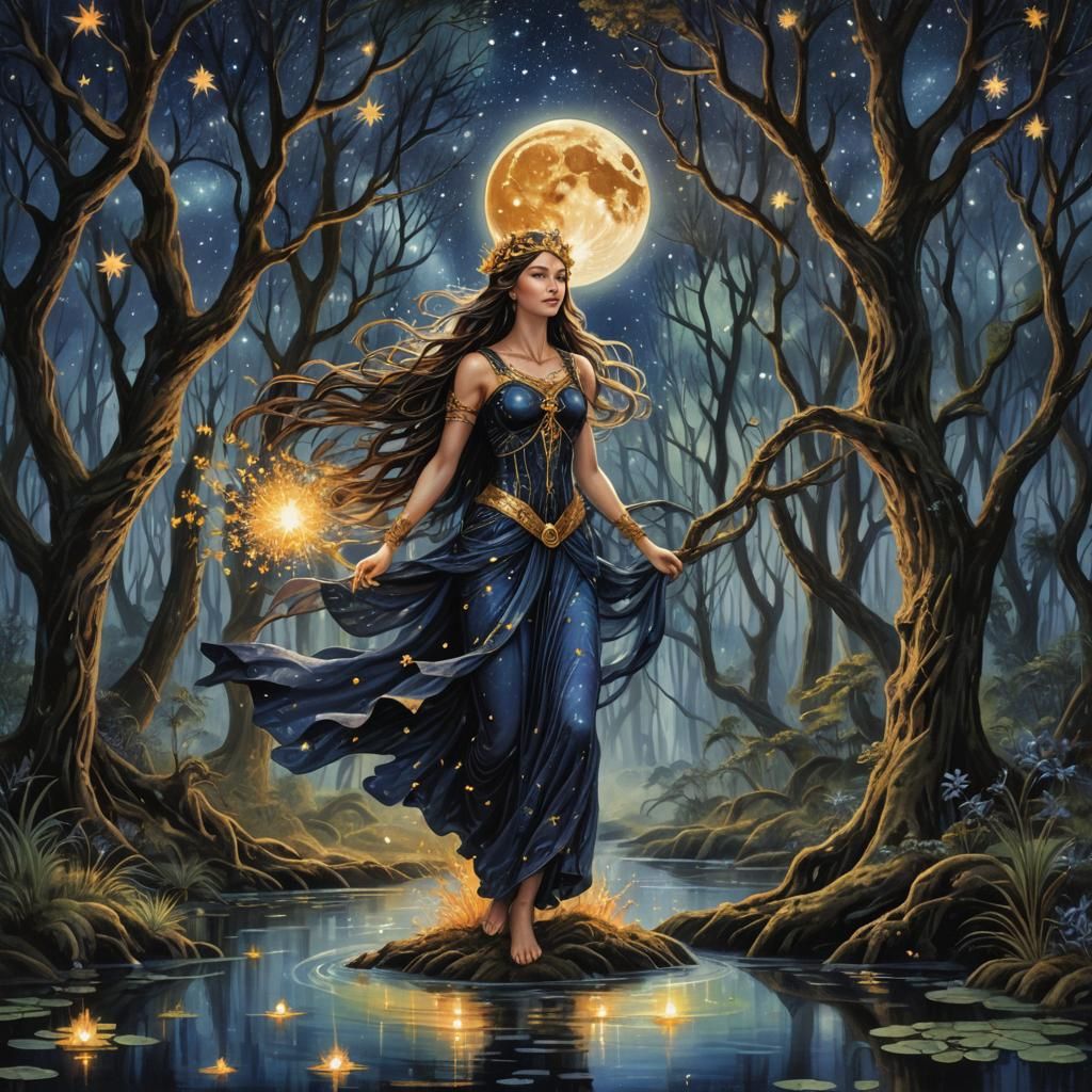 Artemis in Mystical Swamp: Hyperrealistic Matte Painting