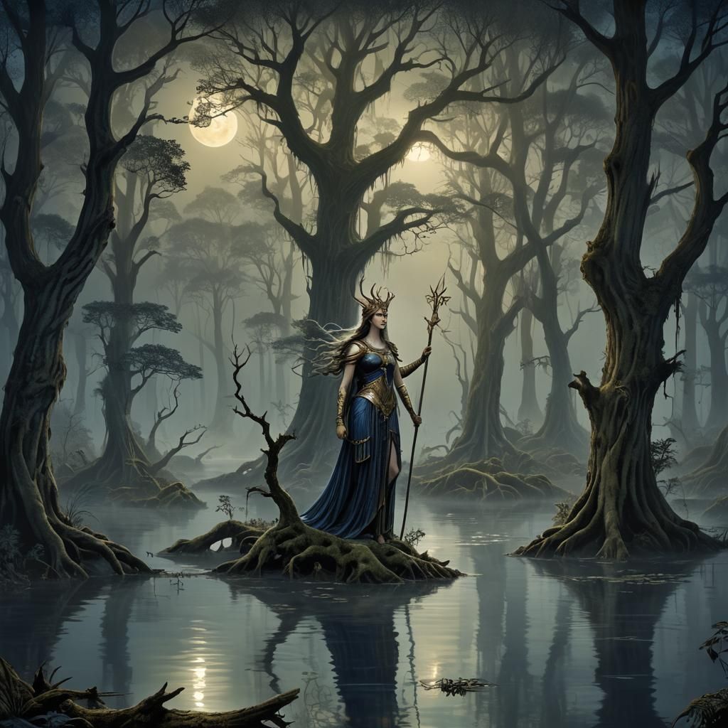 Artemis in Mystical Forest, Hyper-Realistic Scene