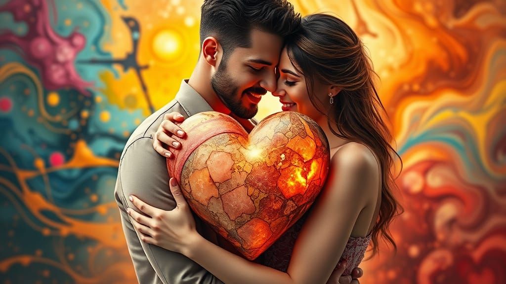 Hyperrealistic Couple Embracing in Vibrant, Splash Art-Inspi...
