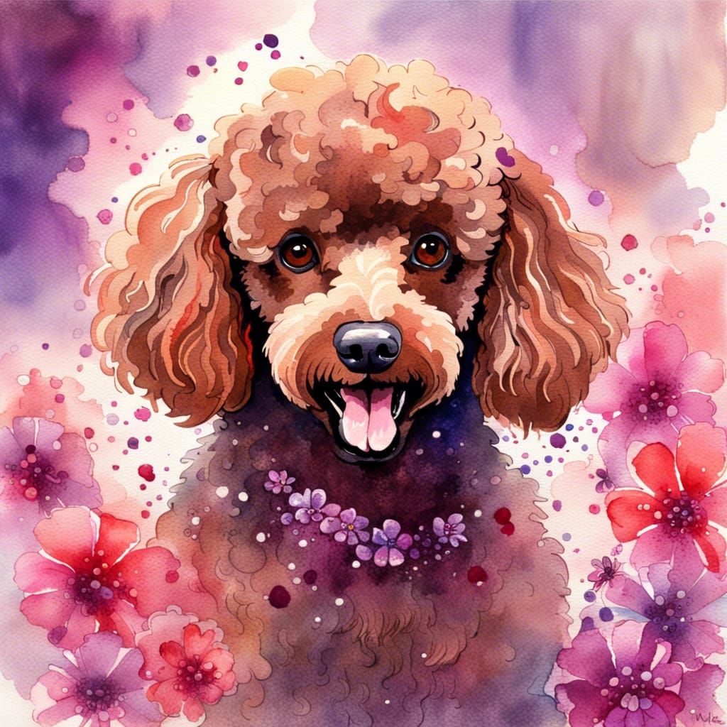 Joyful Poodle Portrait with Flowers, Watercolor Style