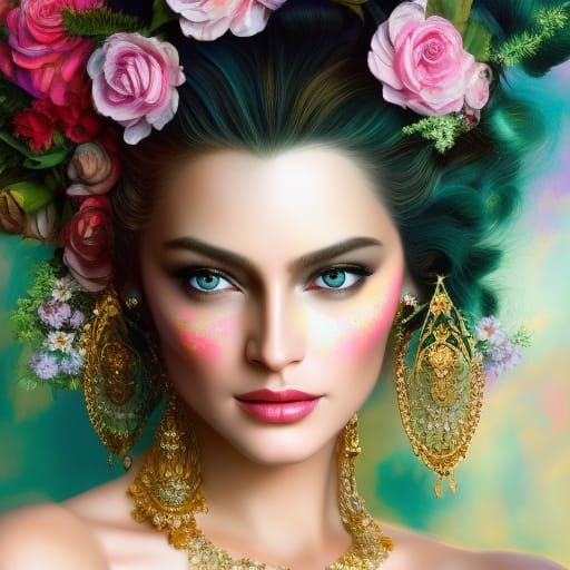 Regal Goddess with Floral Patterns in Impasto Style