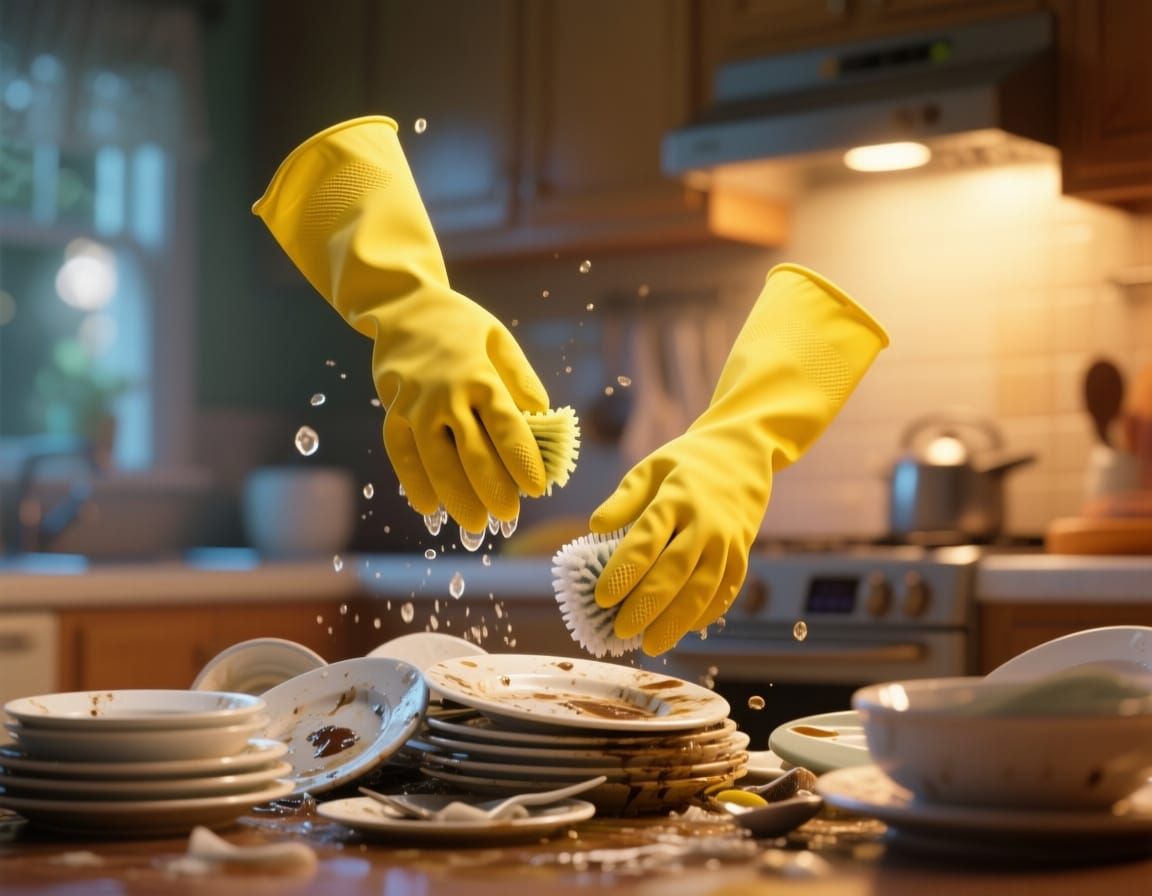 Magical Yellow Gloves Wash Dishes in Ambient Kitchen Light