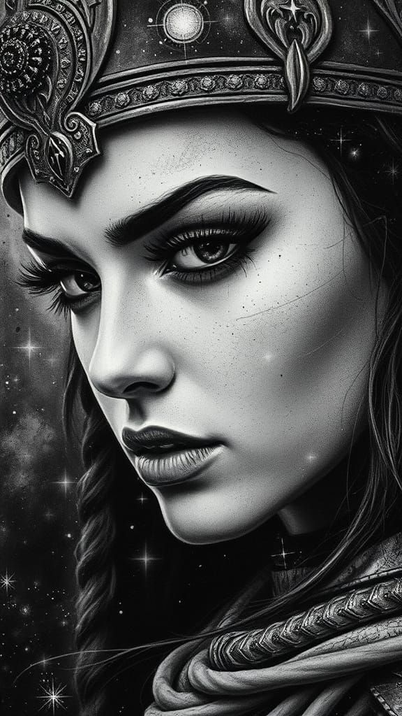 Ethereal Warrior Princess in Nebulae-Inspired Charcoal Art