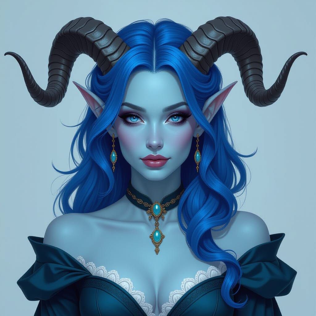 Elegant Blue Tiefling Woman in Realistic Style