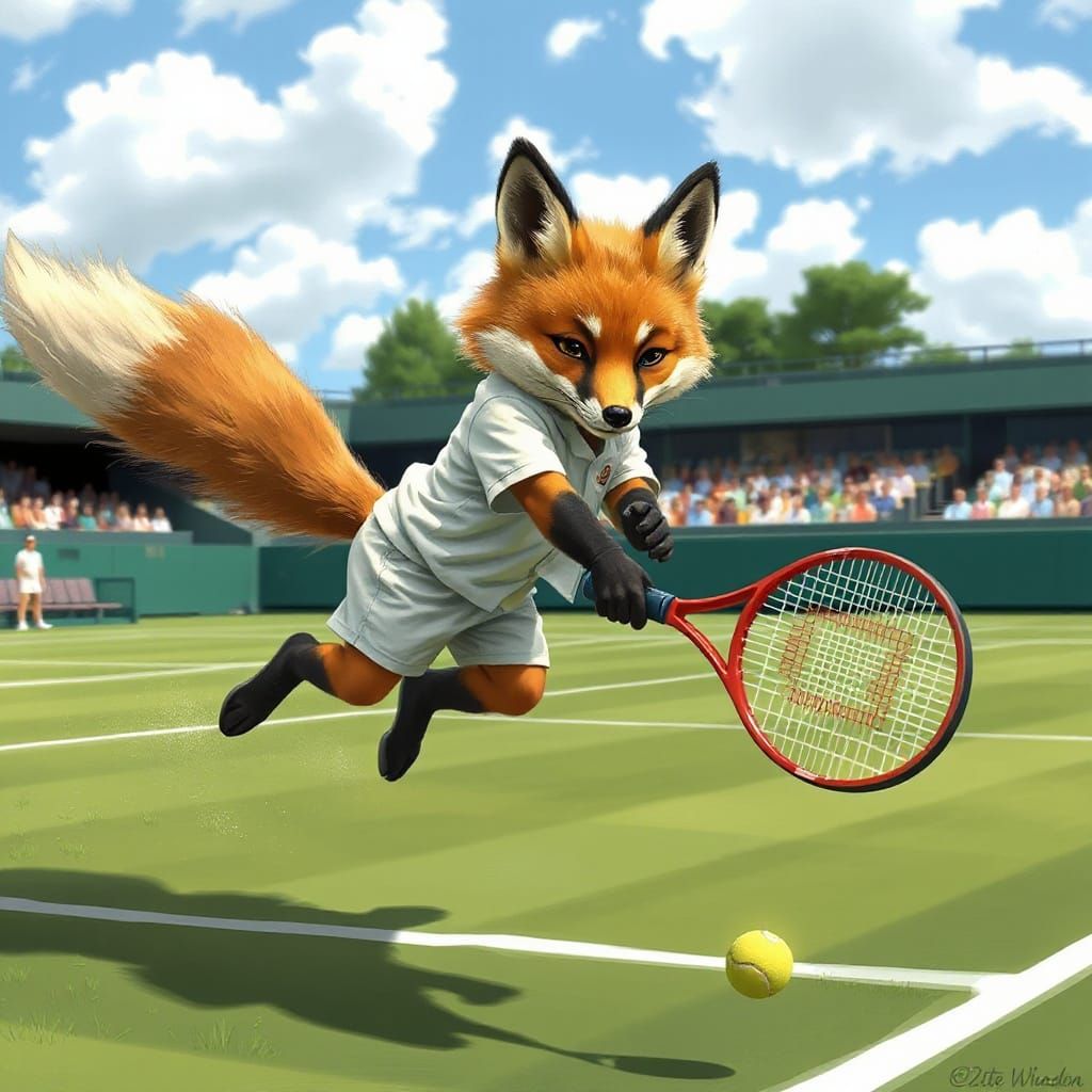 Fox Plays Tennis at Wimbledon, Vibrant Digital Art