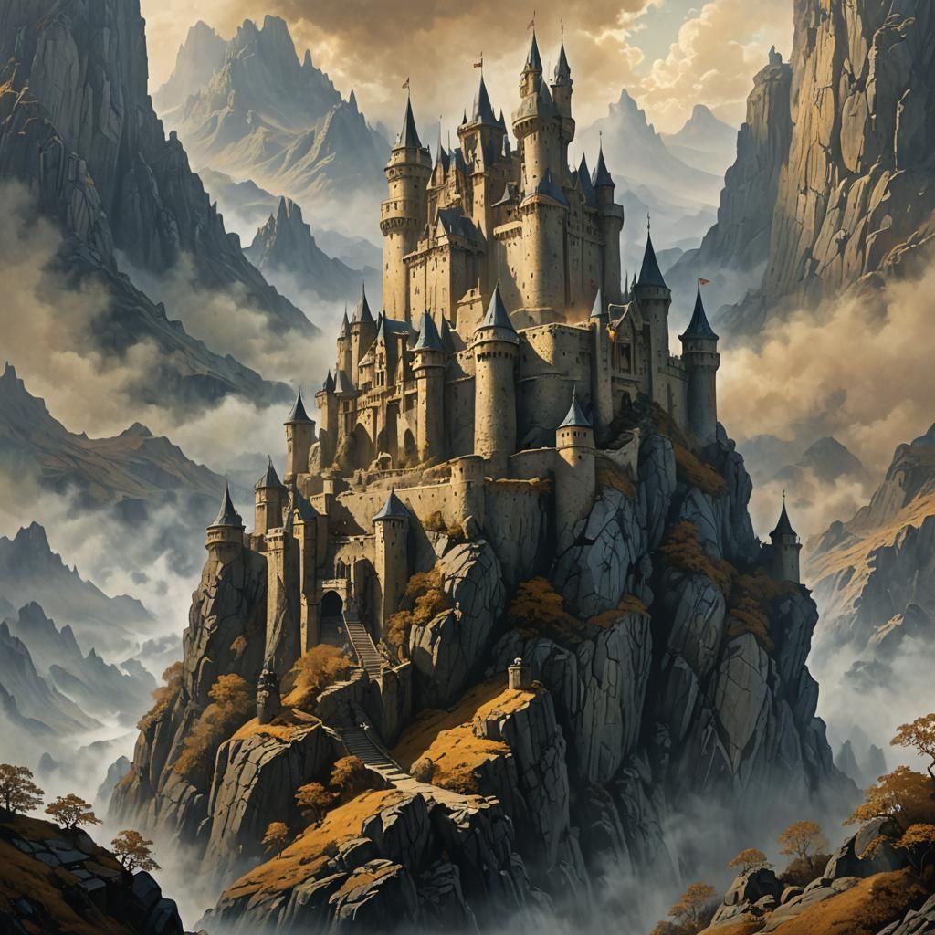 Majestic Castle on Misty Mountain Peak