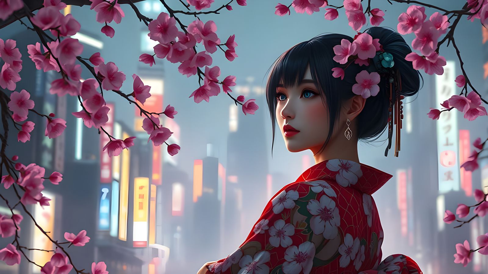 Cybergeisha Admires Futuristic Tokyo Amidst Cherry Blossom B...
