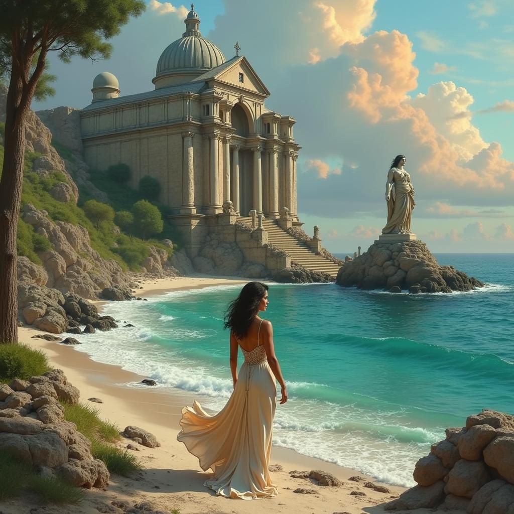 Elegant Woman in Ancient Cathedral Ruins at Sunset