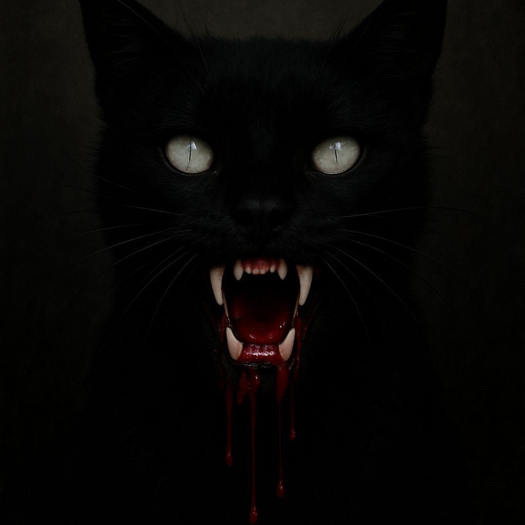 Dark Feline with Snowy Fangs and Bloody Maw
