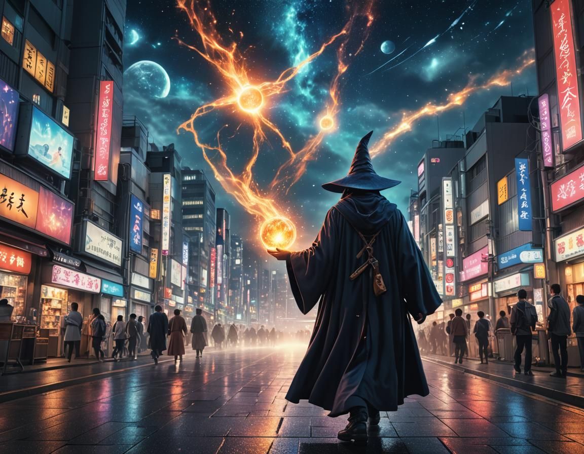 Wizard Casting Spell in Futuristic Tokyo