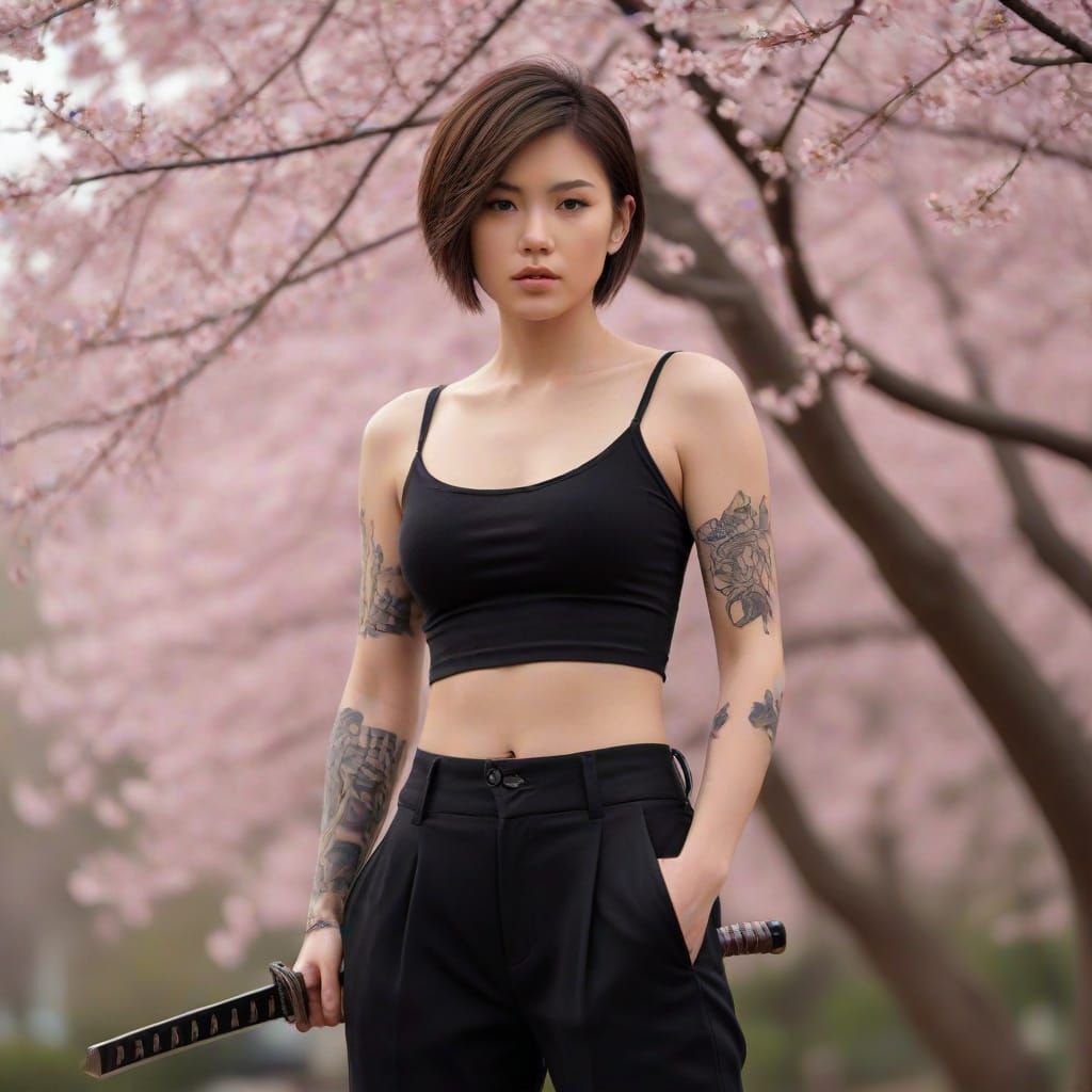 Confident Asian Woman with Swords and Tattoos