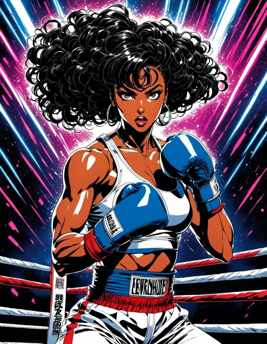 Victorious Black Female Boxer in 80s Anime Style