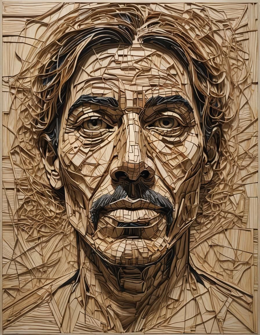 Abstract Woodblock Portrait with Glowing Lines