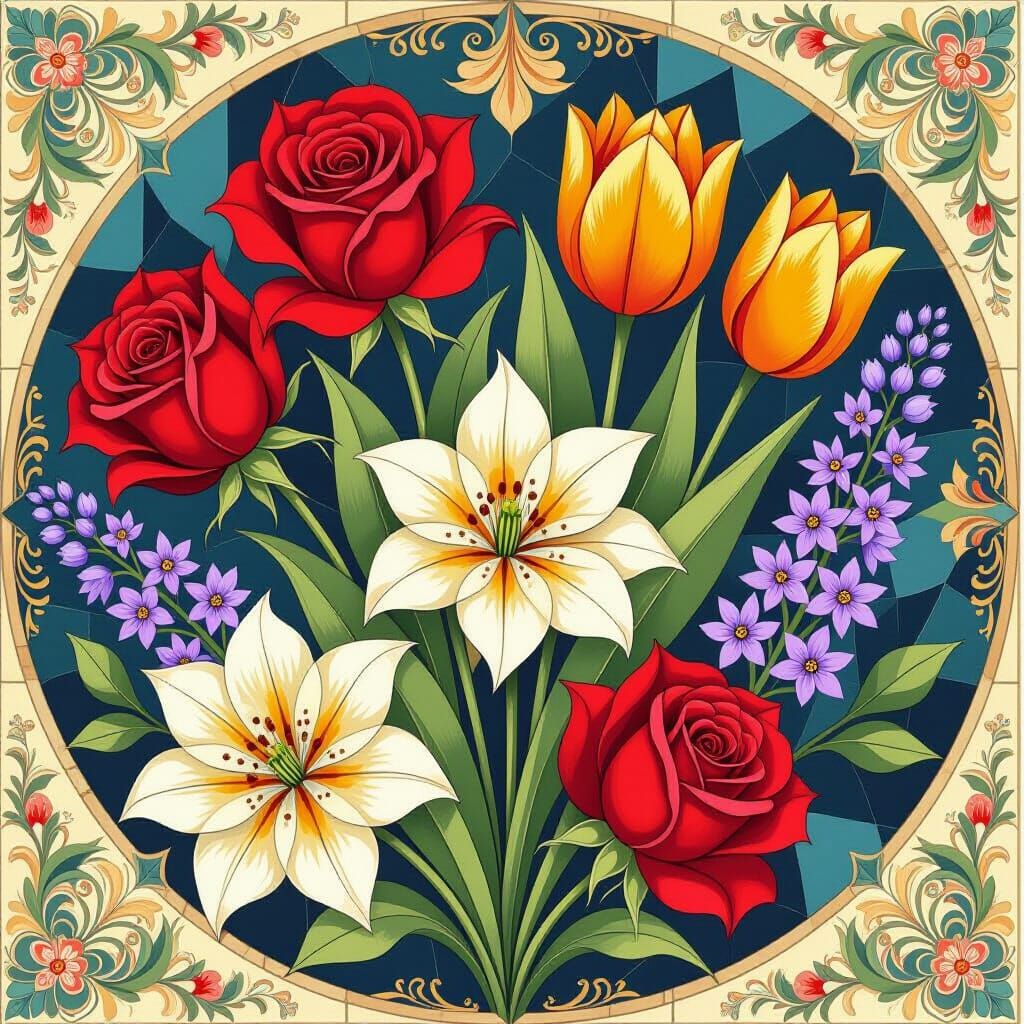 Floral Geometric Tile Mosaic in Escher Style