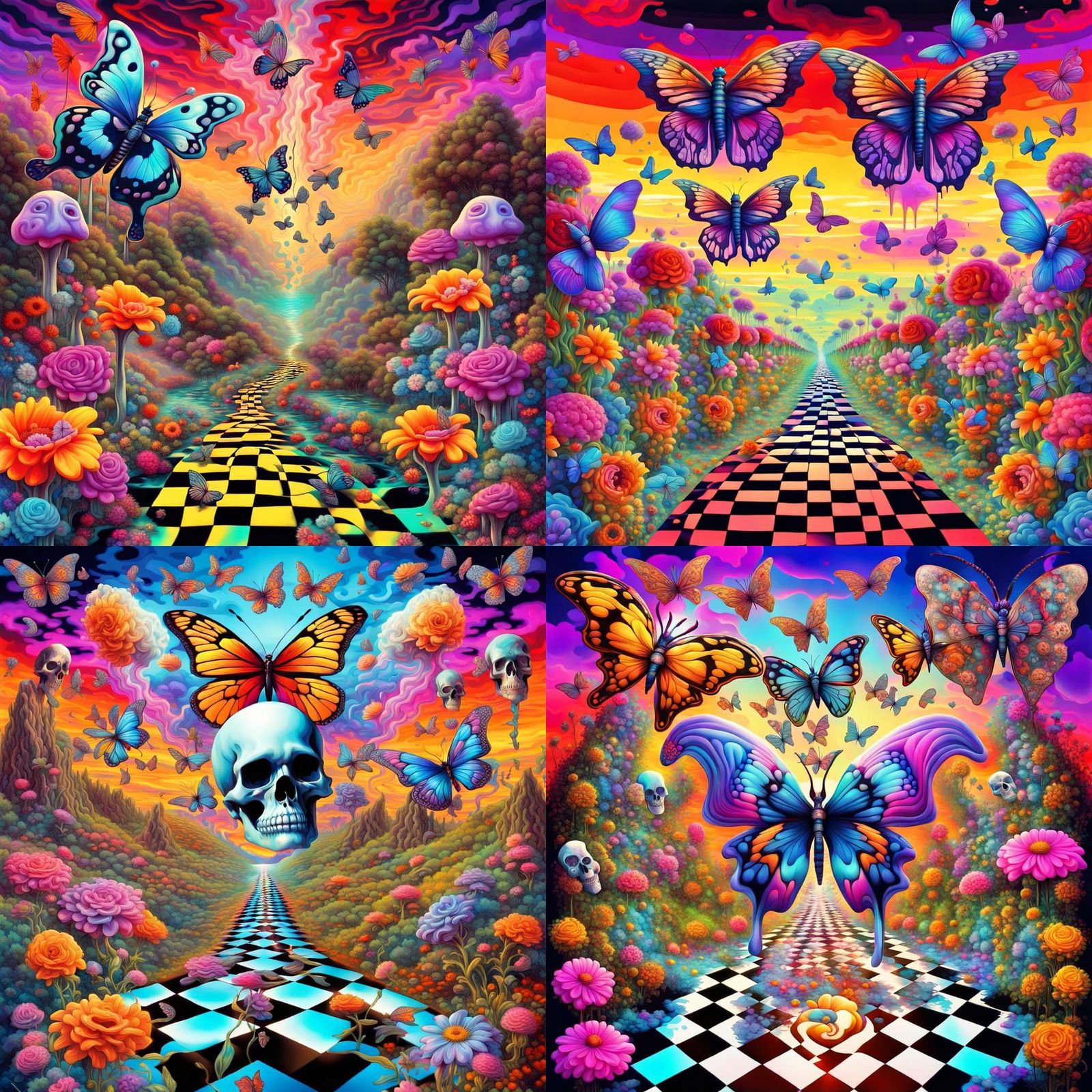 Psychedelic Dreamscape with Skulls and Butterflies