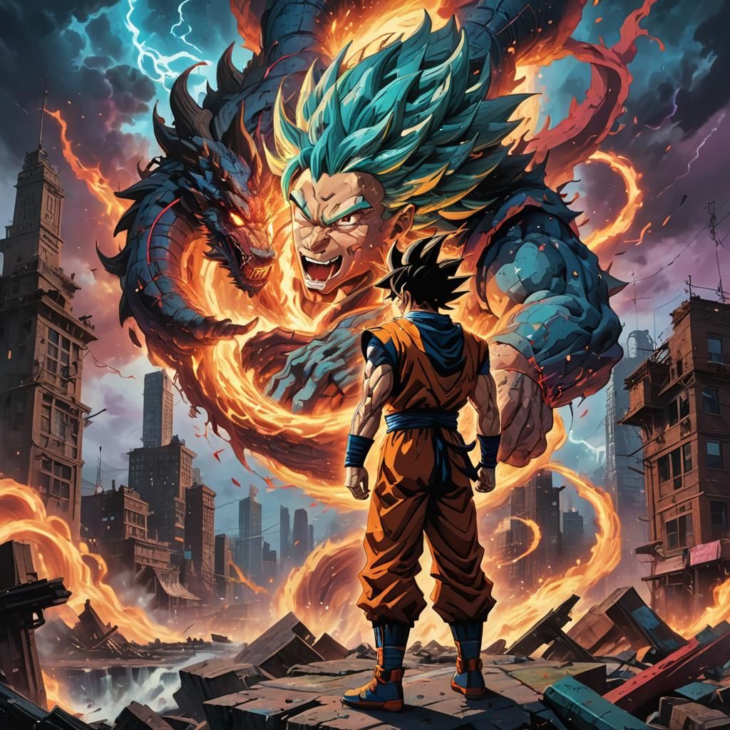 Goku in Ruined Cityscape with Dragon