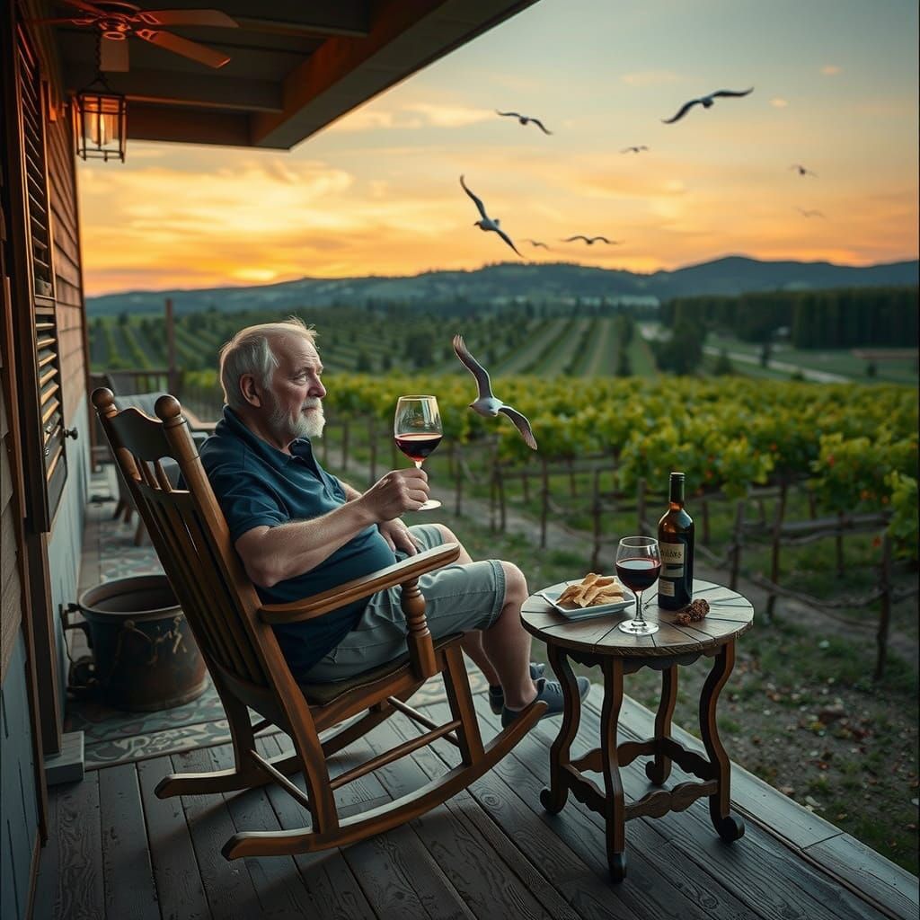 Elderly Man Enjoys Wine at Vineyard in Cinematic Style
