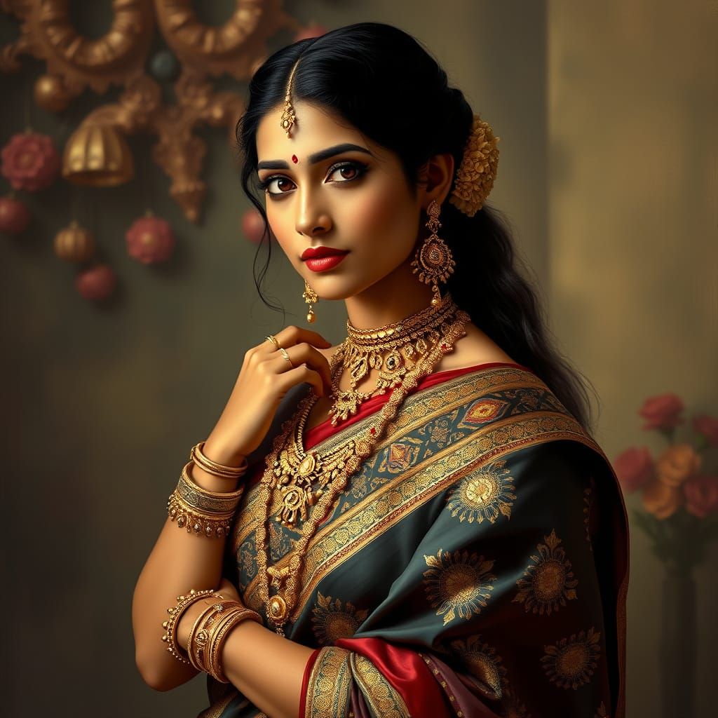 Indian Woman in Sari with Gold Jewelry