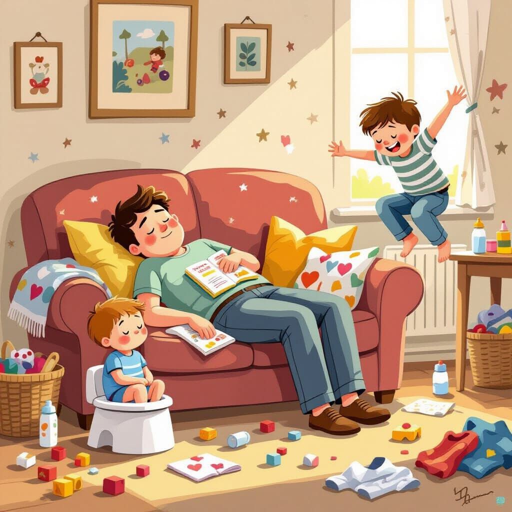 Heartwarming Illustration of Dad Sleeping with Book
