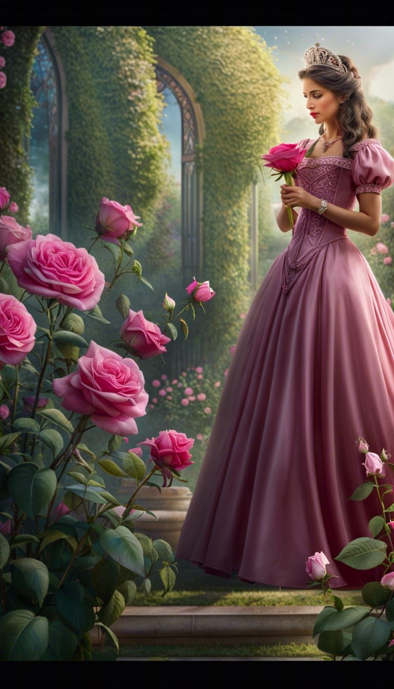 Princess in Rose Garden Sniffs a Rose