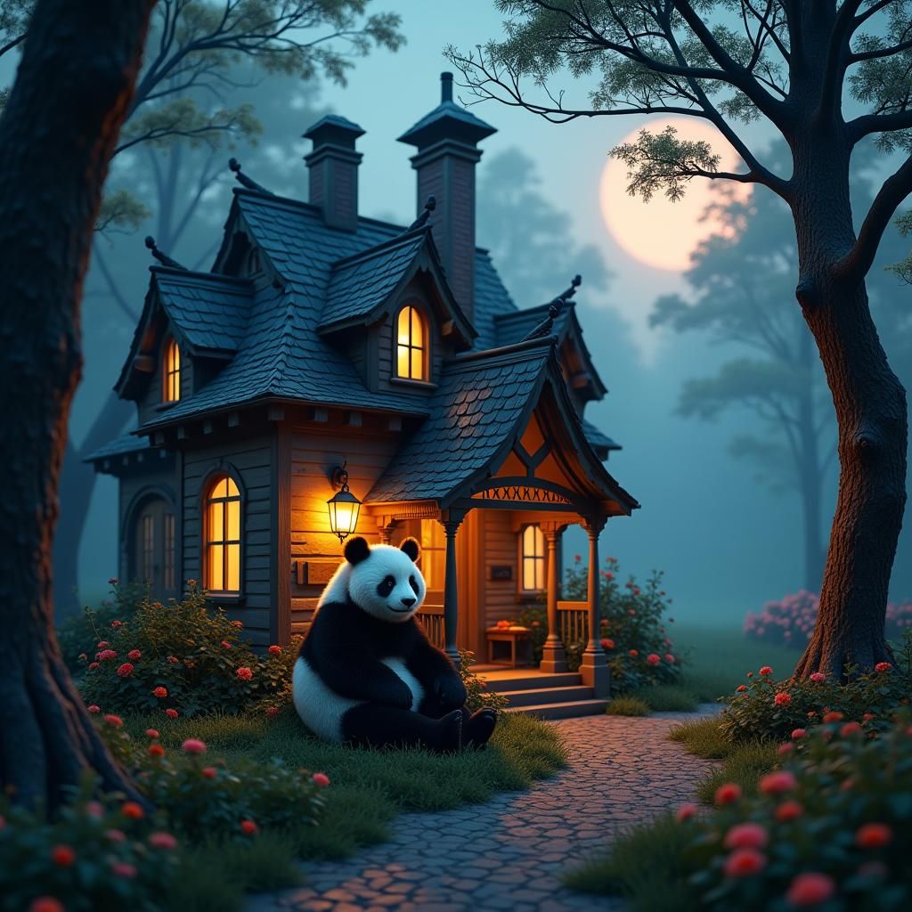 Panda in Lantern-Lit Victorian House