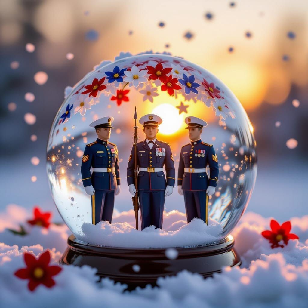 Military Ice Sculptures in Snow Globe at Sunrise