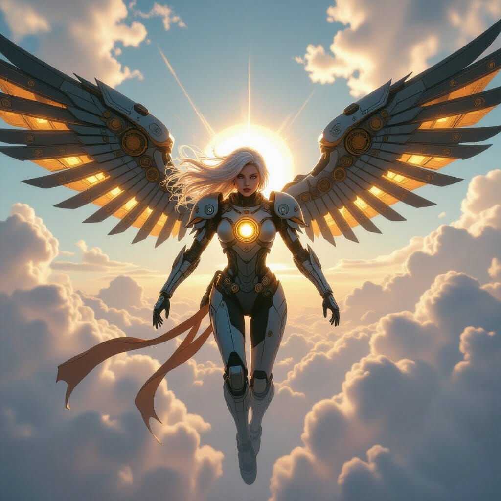 Steampunk Cyborg Soaring with Wings, Anime Sky