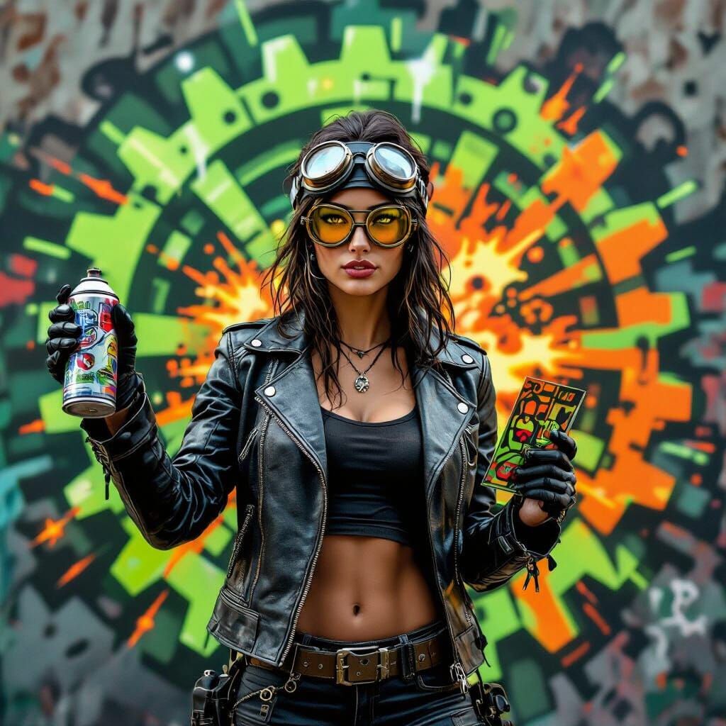 Dieselpunk Graffiti Artist Stands Before Mural