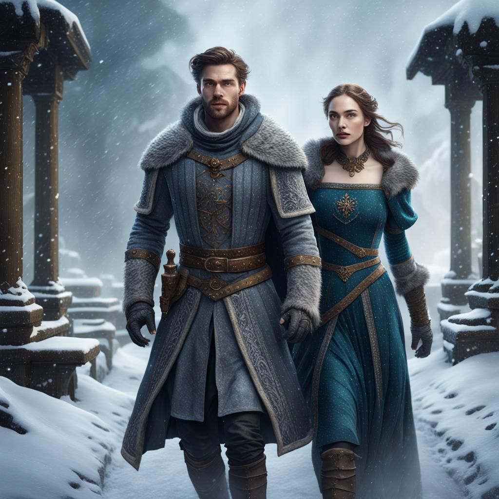 Medieval Couple Walking in a Snowstorm: Fantasy Art