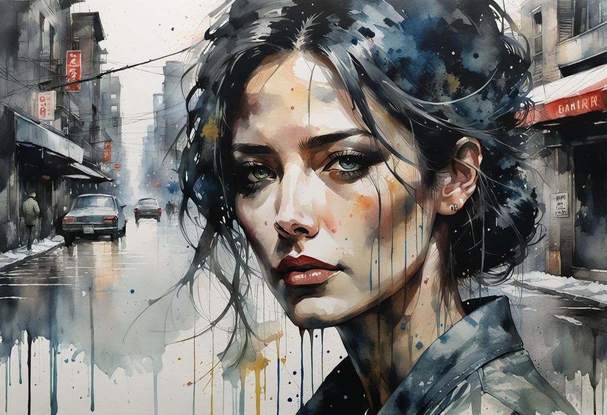 Watercolor Portrait of a Sad Woman in City