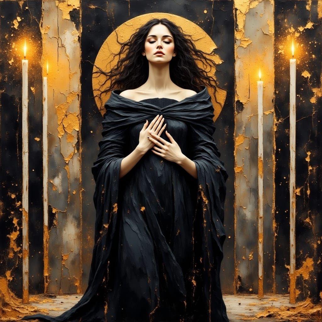 Mysterious Priestess in Grungy Sacred Art